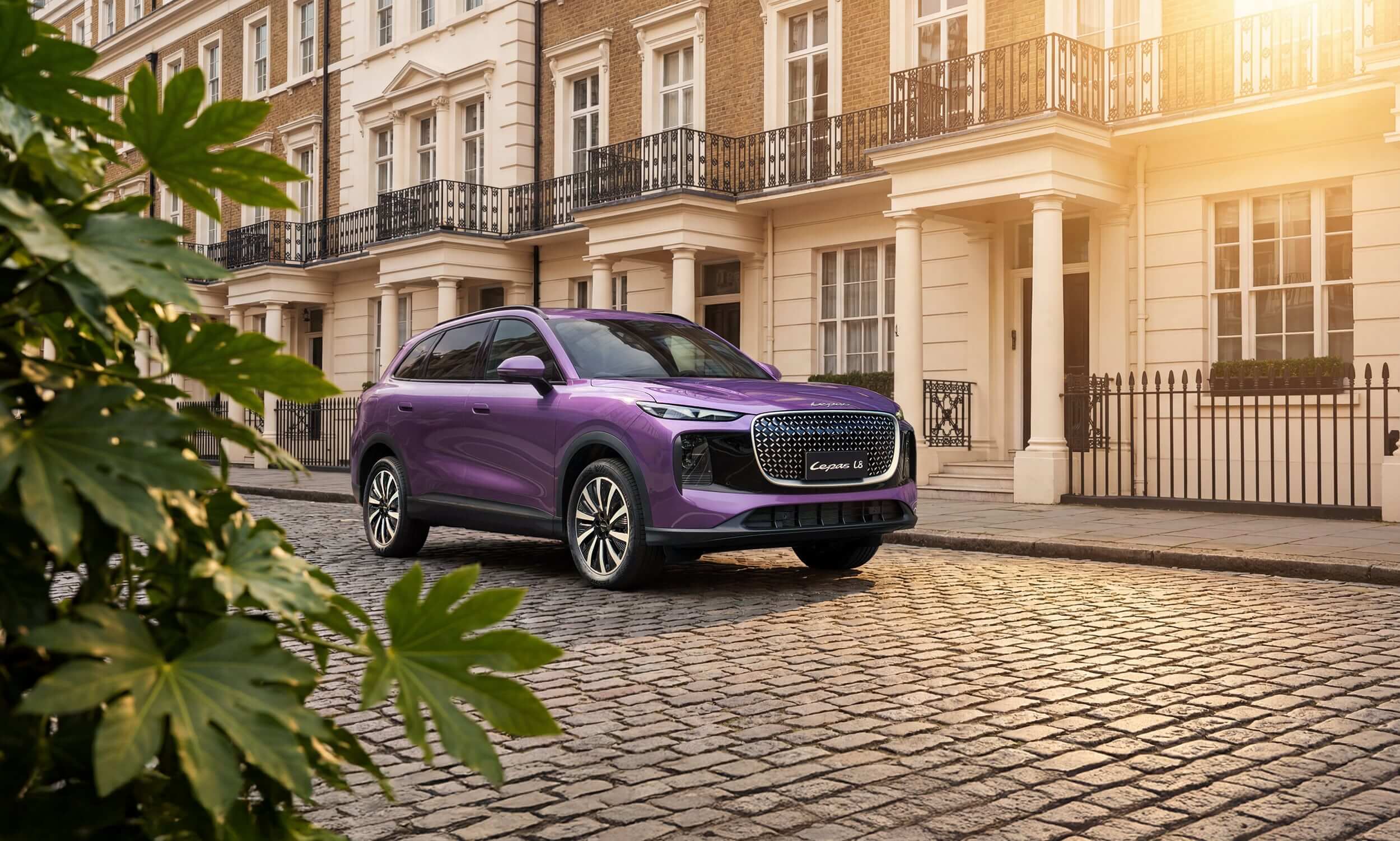 Purple Lepas L8 SUV on a sunlit cobblestone street outside London townhouses
