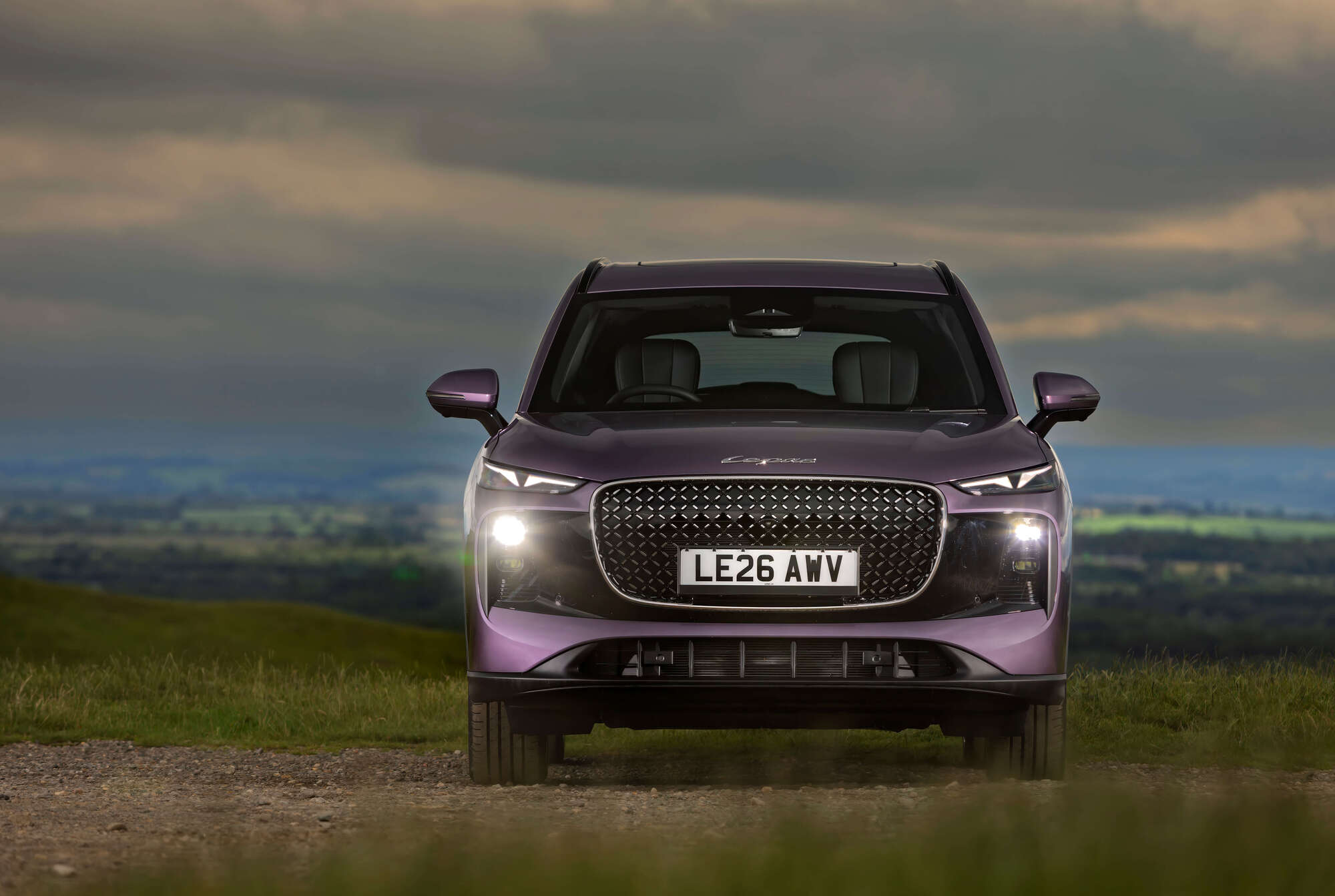 Front view of a purple Lepas L8 overlooking a green valley